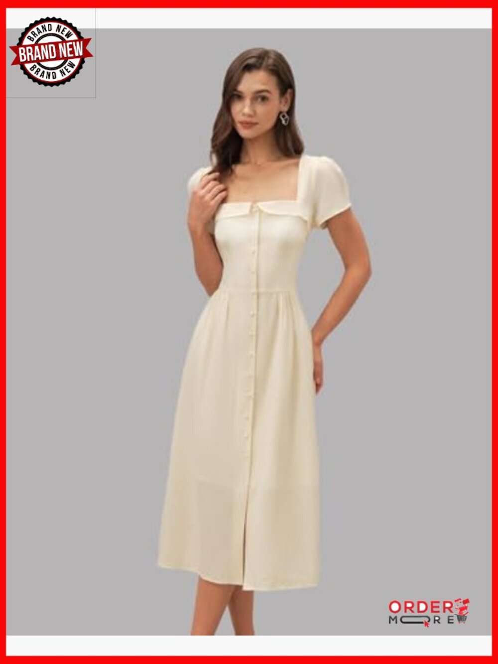 Short Sleeve Puff Square Neck A-Line Midi Dress - Picture 3 of 7